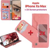 EmpX.nl Apple iPhone XS Max Rose Goud Boekhoesje en 2x Screen Protector | Portemonnee Book Case | Met Multi Stand Functie | Kaarthouder Card Case | Beschermhoes Sleeve | Met Pasjes