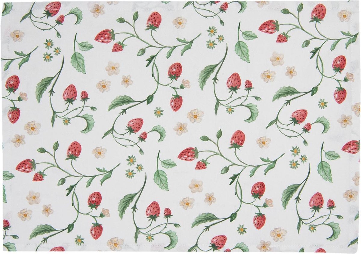 Clayre & Eef Placemats Set van 6 48x33 cm Wit Rood Katoen Rechthoek Aardbeien Tafelmat