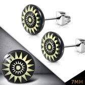 Aramat jewels ® - Oorknoppen zon tribal geel zwart acryl staal 7mm