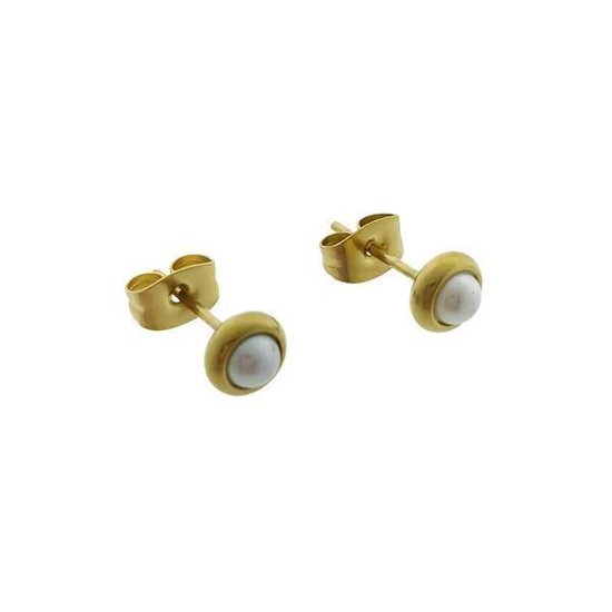 Aramat jewels ® - Parel zweerknopjes oorbellen wit goudkleurig chirurgisch staal 6mm