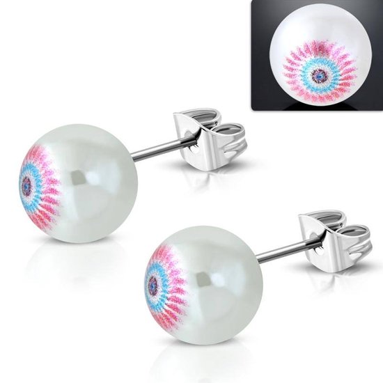 Aramat jewels ® - Pareloorbellen oog wit roze staal 9.5mm
