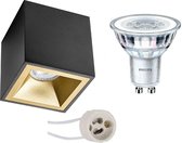 Opbouwspot Set - Pragmi Cliron Pro - GU10 Fitting - Opbouw Vierkant - Mat Zwart/Goud - Verdiept - 90mm - Philips - CorePro 830 36D - 4W - Warm Wit 3000K - Dimbaar