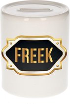 Freek naam cadeau spaarpot met gouden embleem - kado verjaardag/ vaderdag/ pensioen/ geslaagd/ bedankt