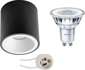 Opbouwspot Set - Pragmi Cliron Pro - GU10 Fitting - Opbouw Rond - Mat Zwart/Wit - Verdiept - Ø90mm - Philips - CorePro 840 36D - 4W - Natuurlijk Wit 4000K - Dimbaar - BES LED