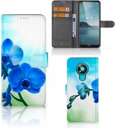 Telefoonhoesje Nokia 3.4 Wallet Book Case met foto Orchidee Blauw Valentijn Cadeautje Vrouw