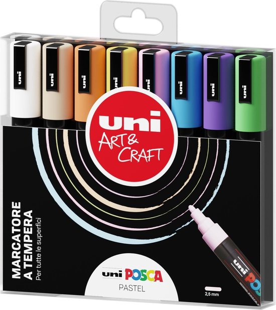 Posca UniPosca Complete set met 8 markers in pastelkleuren, medium punt 2,5 mm – schrijfwaren met acrylstiften Uni Posca, ook als verf voor stoffen, hout, glas, keramiek en meer