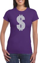 Zilveren dollar / Gangster verkleed t-shirt / kleding - paars - voor dames - Verkleedkleding / carnaval / outfit / gangsters XS