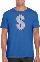 Zilveren dollar / Gangster verkleed t-shirt / kleding - blauw - voor heren - Verkleedkleding / carnaval / outfit / gangsters L