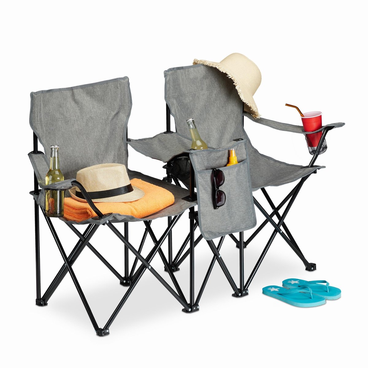 Relaxdays dubbele campingstoel - strandstoel duo - kampeerstoel - regiestoel - klapstoel - grijs