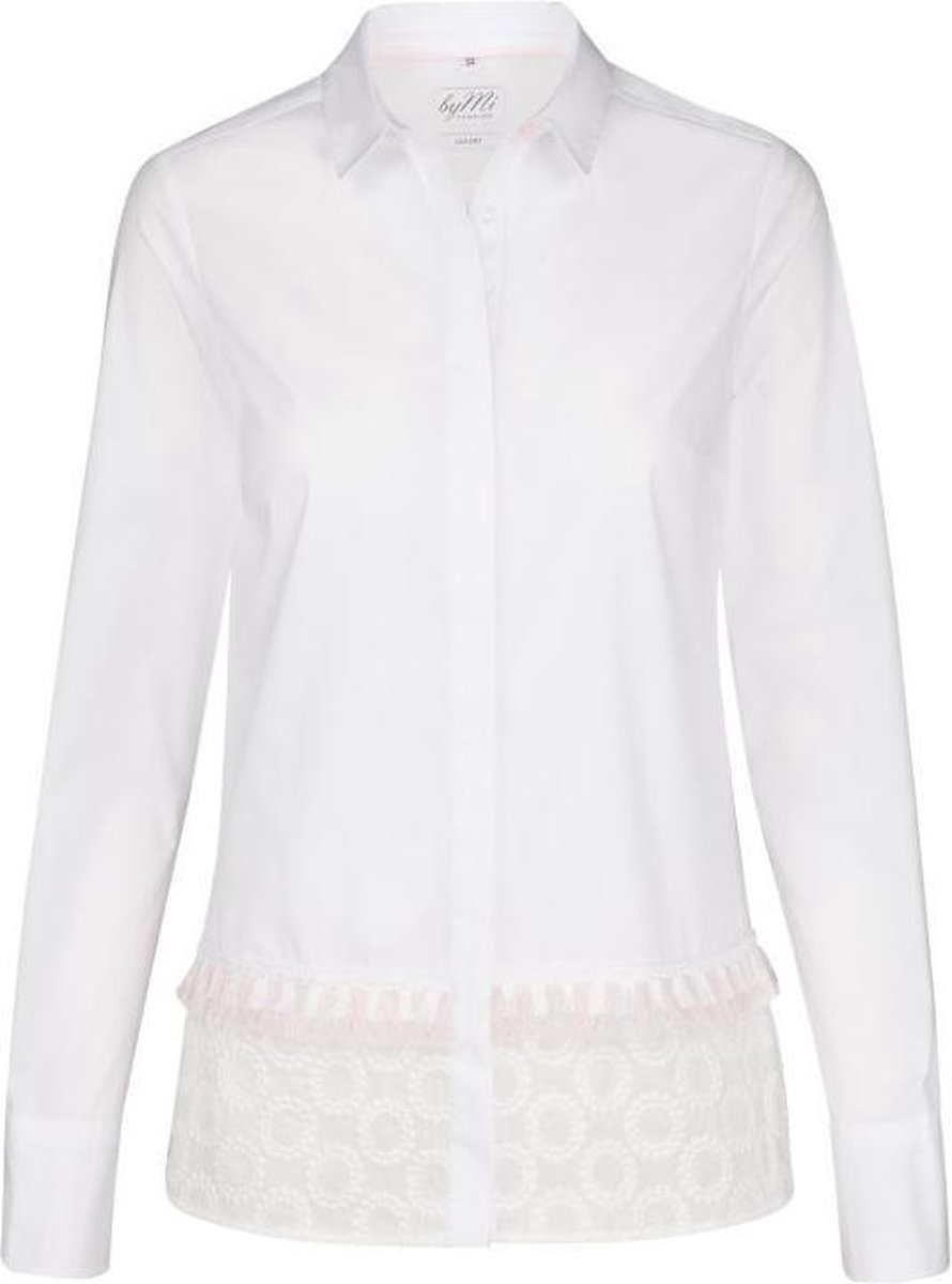 Dames blouse wit met lichtroze borduurwerk accenten aan mouw en hals volwassen lange mouw katoen luxe chic maat 42