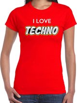 Techno party t-shirt / shirt i love techno - rood - voor dames - dance / party shirt / feest shirts / festival outfit XL