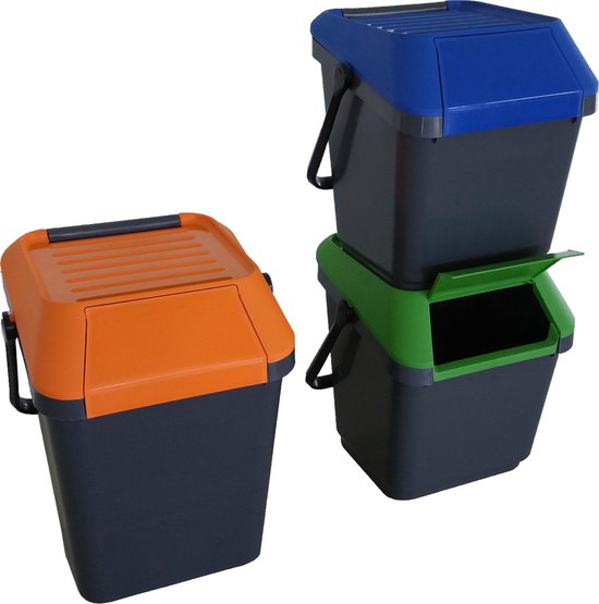Afvalemmer stapelbaar 35 liter grijs met groen deksel | Handvat | EasyMax |  bol.com