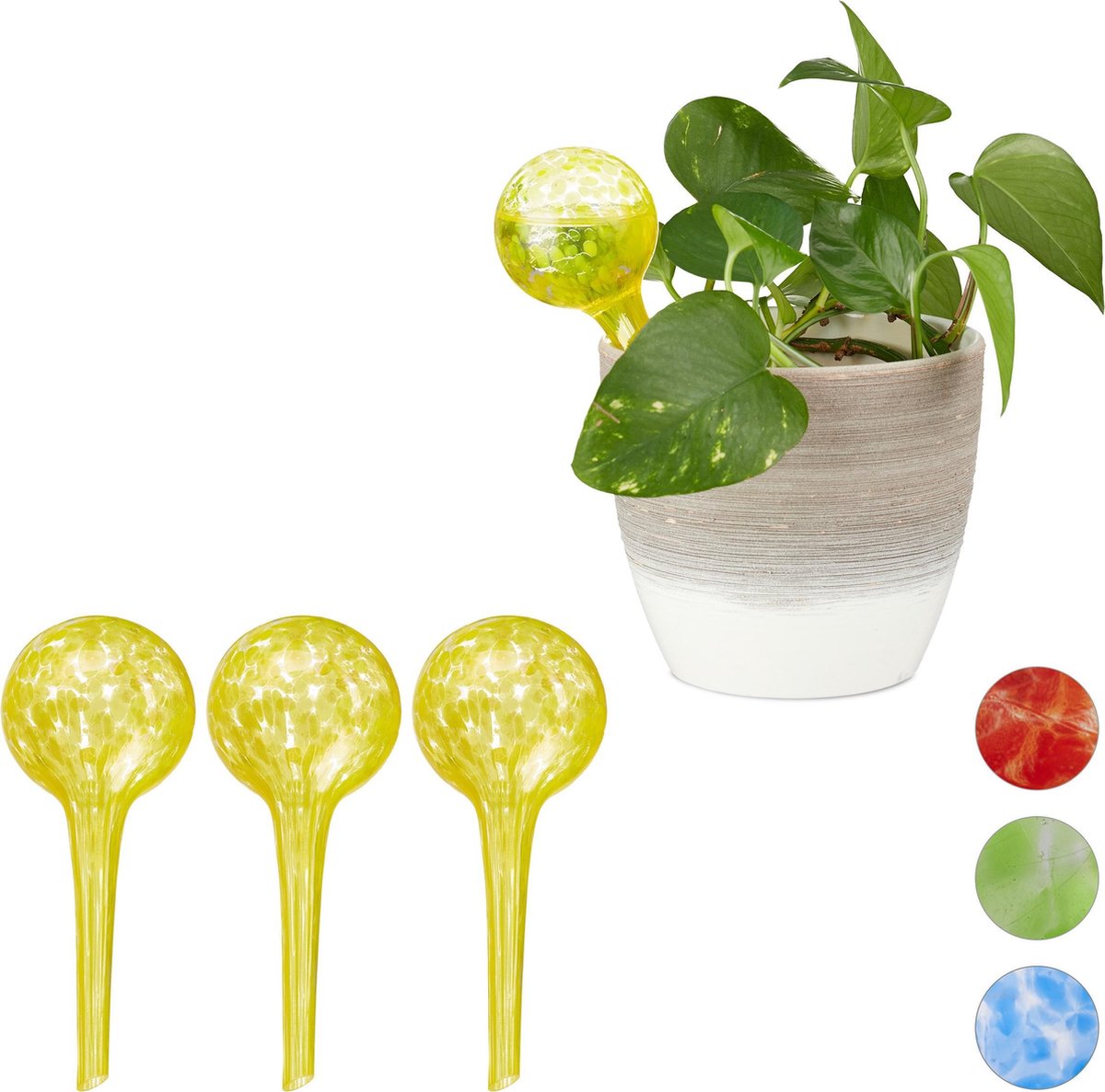 Relaxdays 4 x waterdruppelaar glas waterbollen voor planten Ø6cm – geel