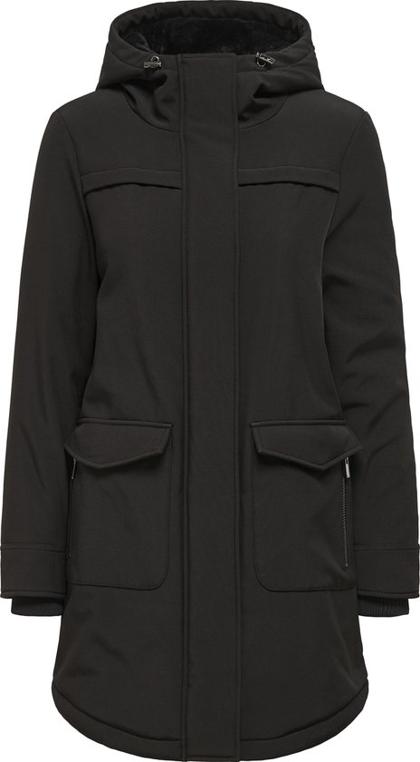 Parka noire pour femme avec capuche, poches à rabat sur la poitrine et sur les hanches.