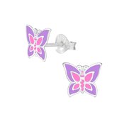 Oorbellen meisje | Kinderoorbellen meisje zilver | Zilveren oorstekers, lila met roze vlinder | WeLoveSilver