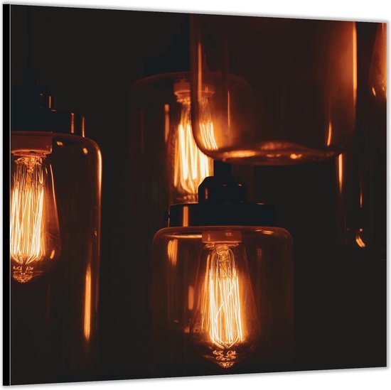 Dibond –Hangende Lampen in Glazen Potten– 80x80 Foto op Aluminium (Met ophangl)