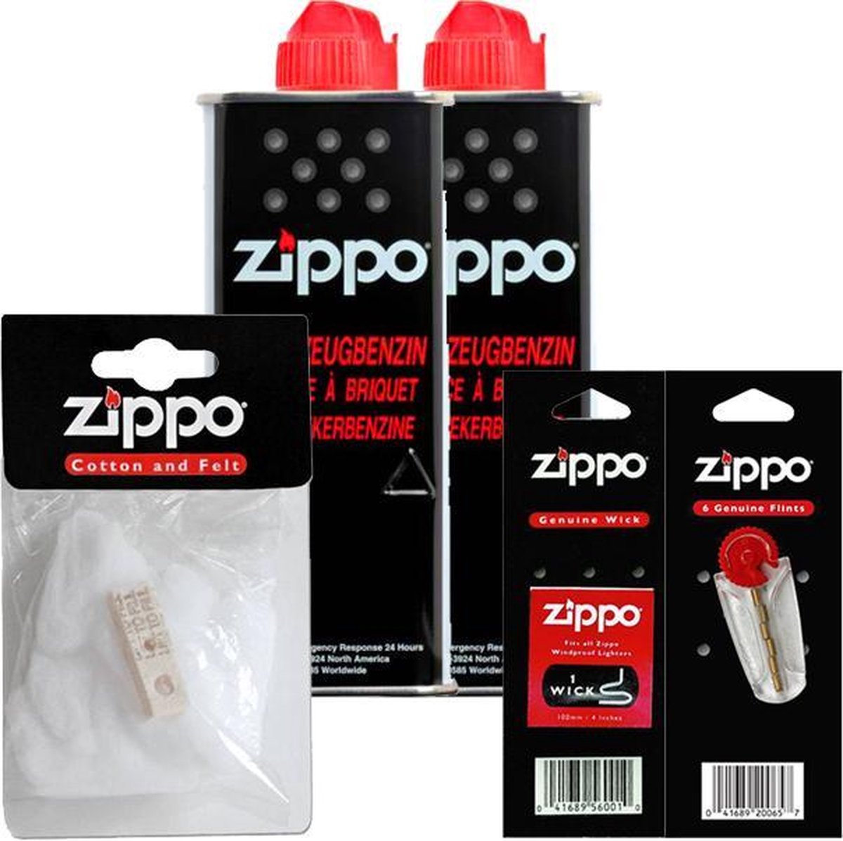 Zippo Aansteker Onderhoudspakket: 2 x Benzine / Vloeistof, 1 x Katoen & Filt, 1 x Vuurstenen en 1 x Lont - Zippo