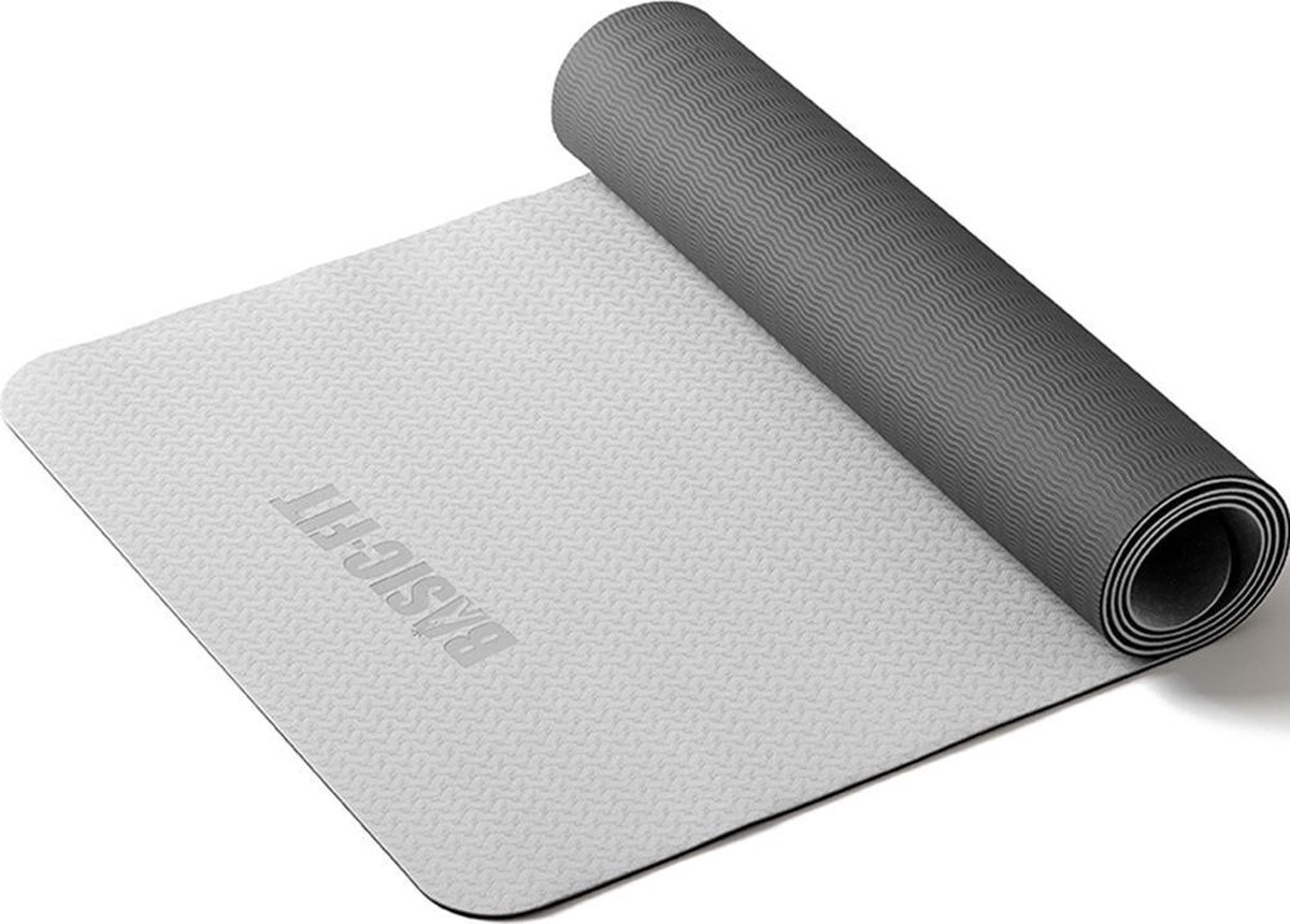 Basic-Fit® Yogamat - 183 x 61 x 0,4 cm - Elastomeer - Grijs - Antislip - Met draagtas