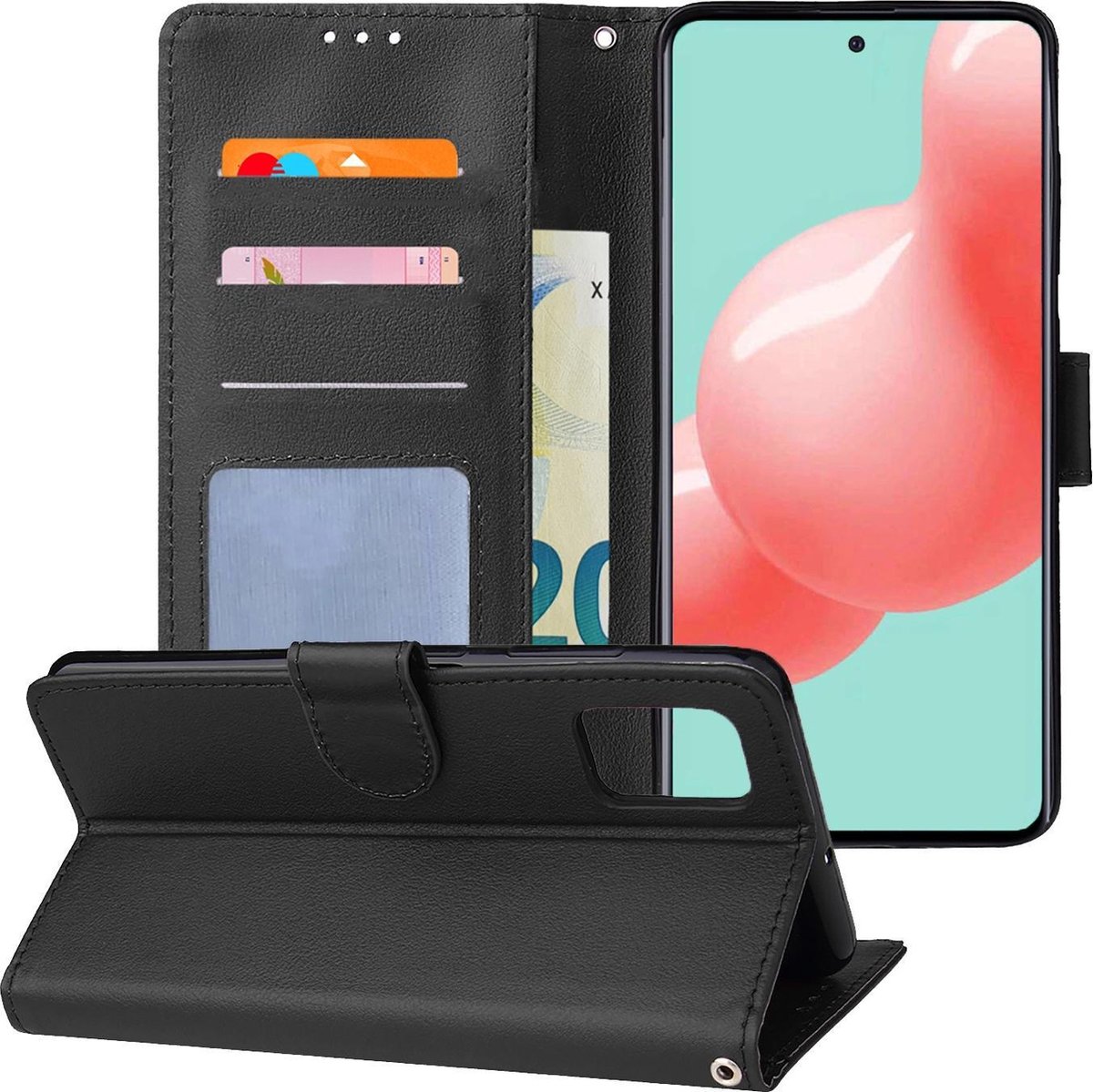 Hoesje - Met Pasjeshouder - Geschikt voor Samsung Galaxy A51 - Luxe Bookcase Portemonee - Flip Case - Kunstleer Book Case - Flipcase - Book Cover - Walletcase - Portemonneehoes - Telefoonhoesjes - Zwart