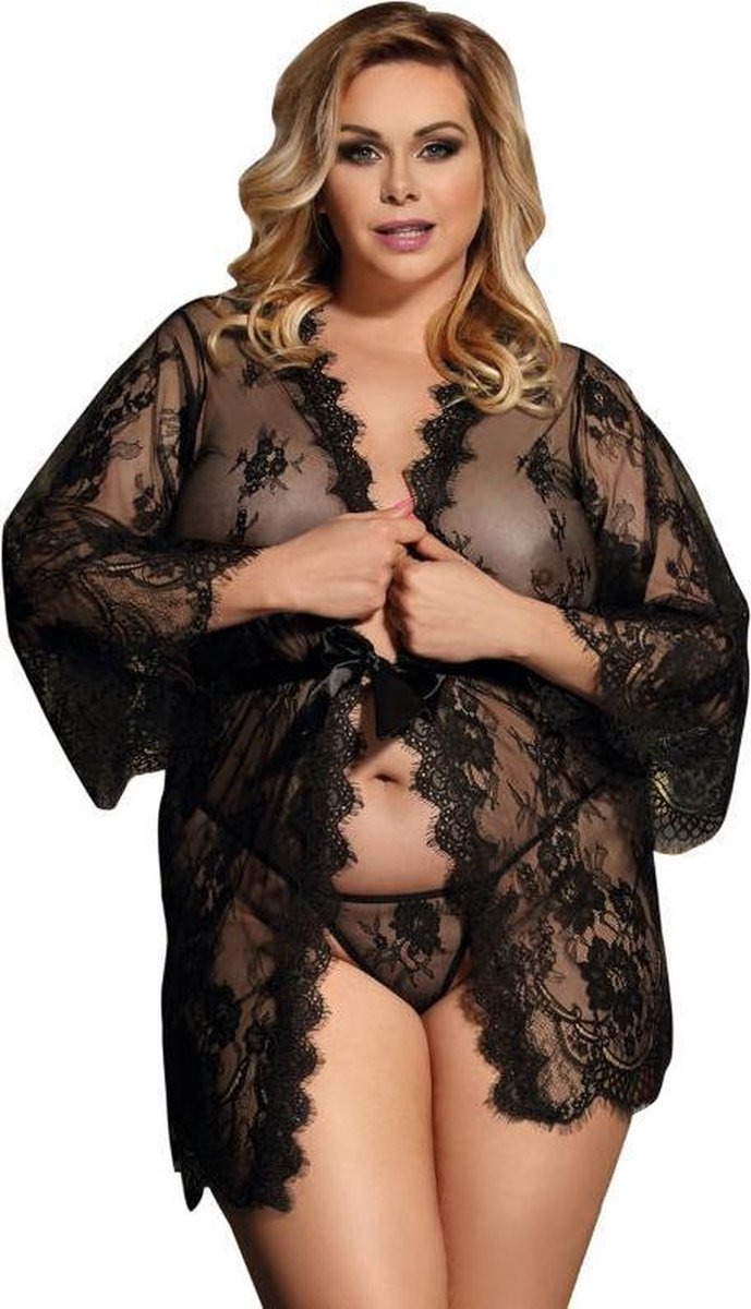 Subblime Queen Plus Lace Peignoir Flared Sleeves - Erotische Kimono -Transparante Kant met Bloemenmotief - Wijde Mouwen - Zwart - Grote Maat