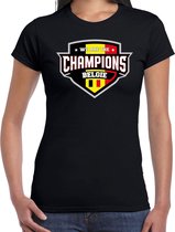 We are the champions Belgie t-shirt met schild embleem in de kleuren van de Belgische vlag - zwart - dames - Belgie supporter / Belgsich elftal fan shirt / EK / WK / kleding M