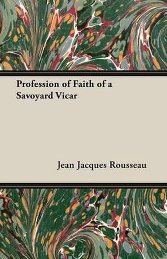 Boek Profession of Faith of a Savoyard Vicar door Jean Jacques Rousseau, met een marmeren omslag in groen-, rood- en grijstinten.