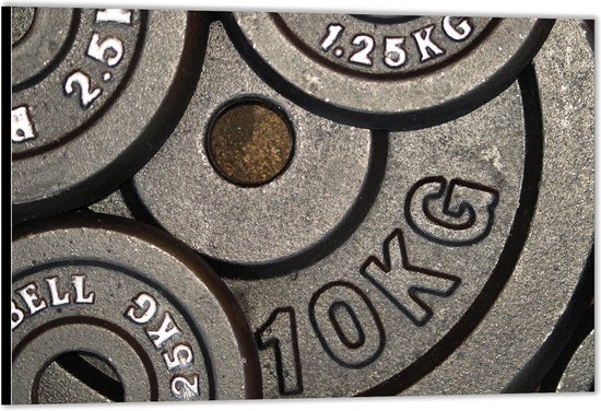 Dibond –Gewichtsschijven van dichtbij– 40x30 Foto op Aluminium (Met Ophang)