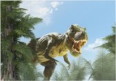 Dinosaurus T-Rex in zonnig woud - Foto op Forex - 70 x 50 cm (B2)