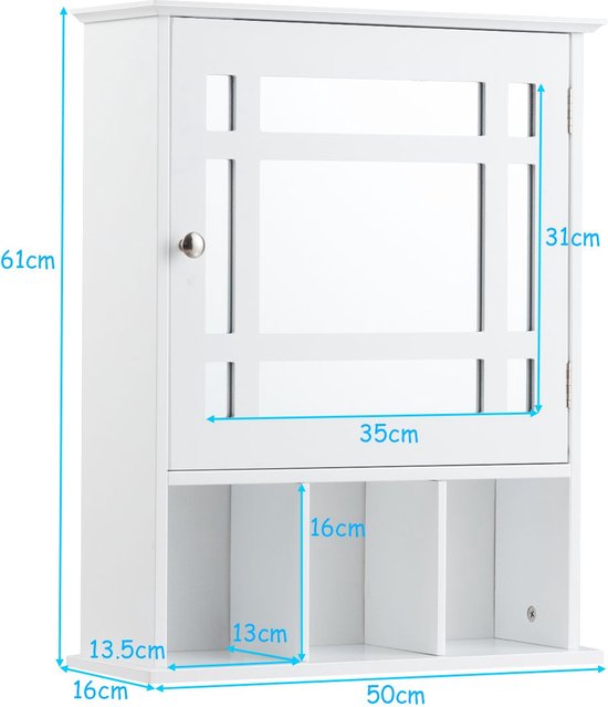 Giantex Badkamerkast, badkamerkast met spiegel, spiegelkast, wandkast, eendeurs, hangkast met verstelbare plank en 2 vakken, 34 x 15 x 53 cm (wit