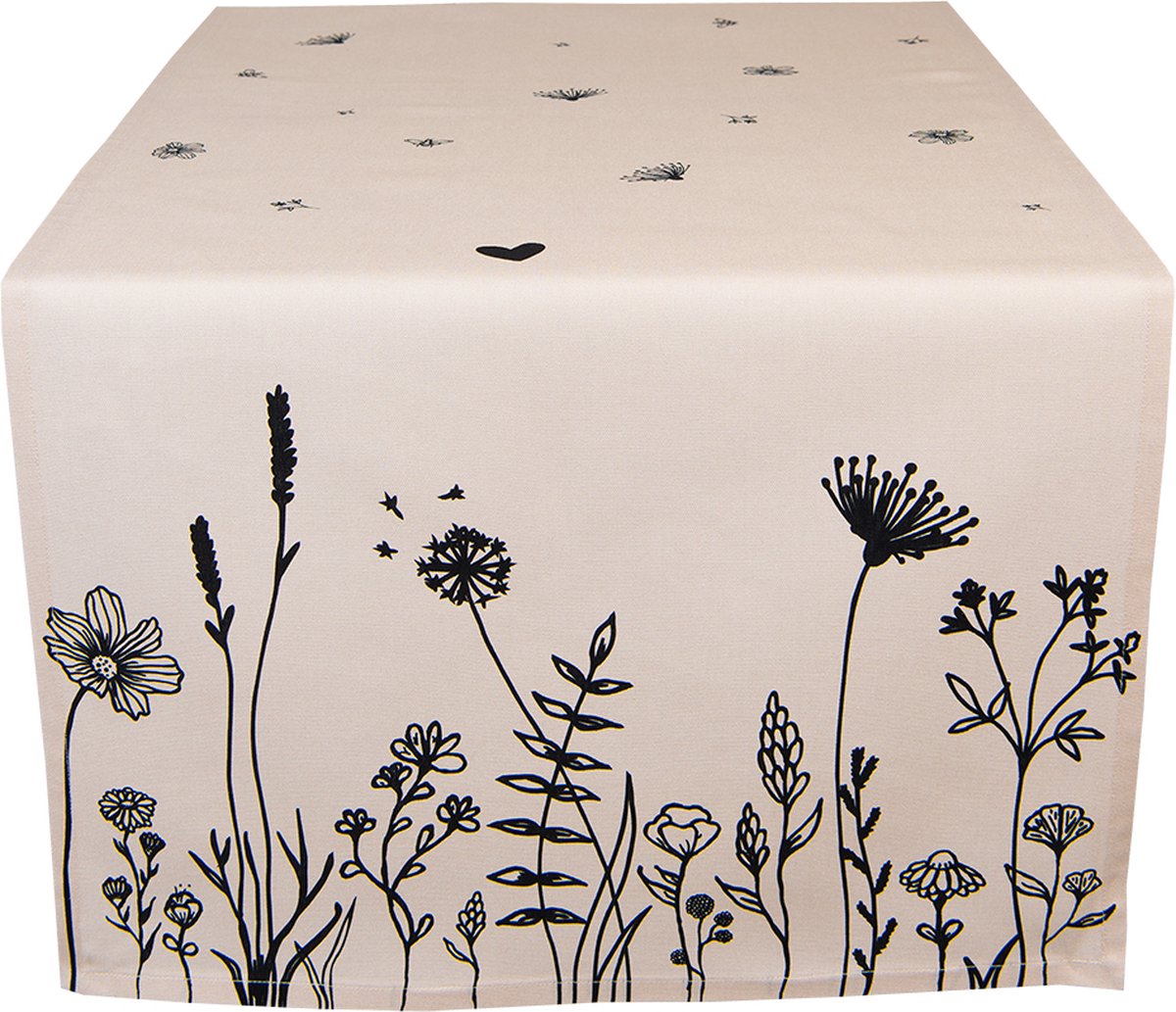Clayre & Eef Tafelloper 50x140 cm Beige Zwart Katoen Bloemen
