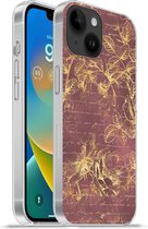 Geschikt voorApple Iphone 14 - Softcase hoesje - Bloemen - Bladeren - Gold - Siliconen Telefoonhoesje