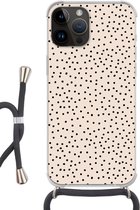Telefoonkoord - Telefoonketting - Geschikt voorApple Iphone 14 Pro Max - Crossbody Case - Stip - Beige - Zwart - Siliconen - Crossbody - Telefoonhoesje met koord