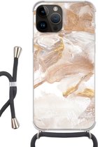 Geschikt voorApple Iphone 14 Pro Max - Crossbody Case - Aquarelverf - Goud - Bruin - Siliconen - Crossbody - Backcover met Koord - Telefoonhoesje met koord - Hoesje met touw