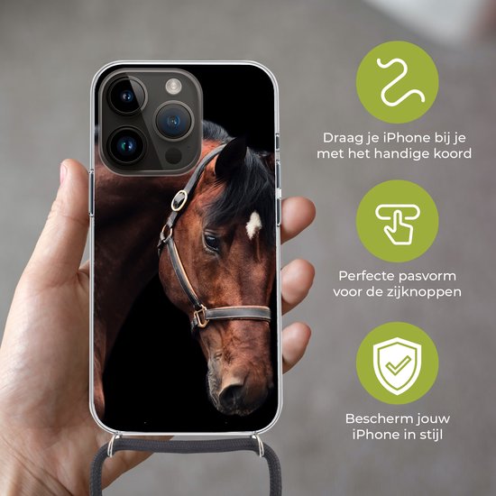 Étui de téléphone compatible avec Apple iPhone 14 Pro - Motif cheval - Léger - Licol - Siliconen - Bandoulière - Coque arrière avec cordon - Étui de téléphone avec cordon - Étui de téléphone avec corde