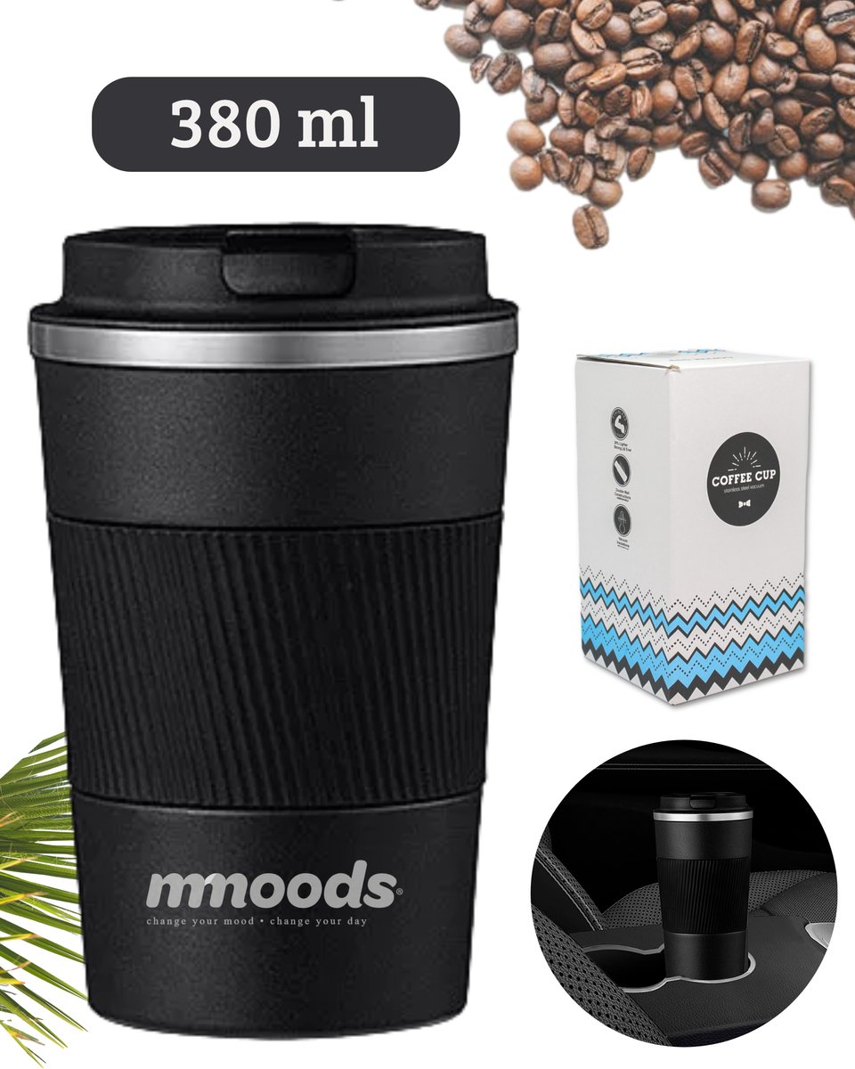 Thermosbeker voor Koffie en Thee 380ml - Koffiebeker To Go - Reisbeker voor Auto - Herbruikbare Drinkfes voor Warme en Koude Dranken - Ecologische Thermoskan Zwart Geschenk
