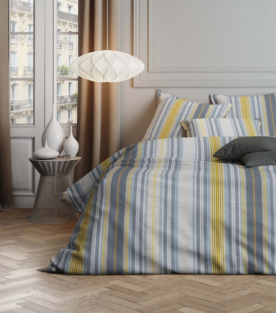 Mistral Home - Housse de couette - 100% satin de coton - 140x200+65x65 cm - Avec col bouteille - City Stripe - Vert