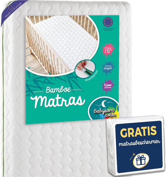 Babysom - Bamboe Baby Matras - 60x120 cm | GRATIS : 1 waterdichte matrasbeschermer | Vrij van chemische behandelingen | Afritsbare tijk | Oeko-Tex® | EU-product