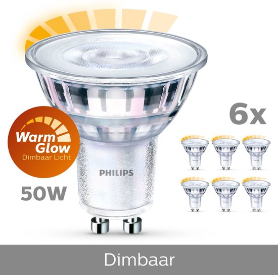 Specimen Kwadrant rechtdoor Philips energiezuinige LED Spot - 50 W - GU10 - Dimbaar warmwit licht - 6  stuks | bol.com