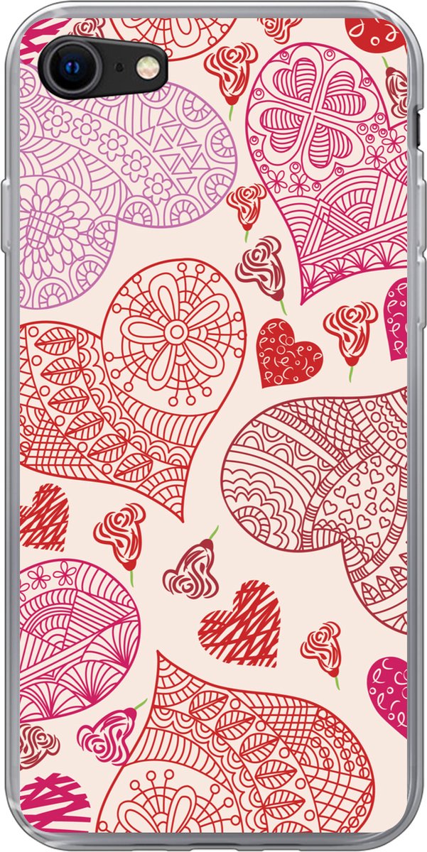 Telefoonhoesje Geschikt voor iPhone SE 2022 hoesje - Een illustratie met roze en rode hartjes - Siliconen Telefoonhoesje Telefoonhoesje
