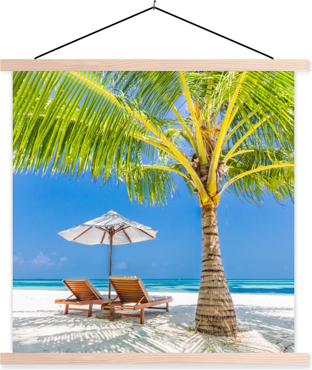 Posterhanger incl. Poster 120x120 cm - Schoolplaat - Palmboom - Strandstoel - Parasol - Te