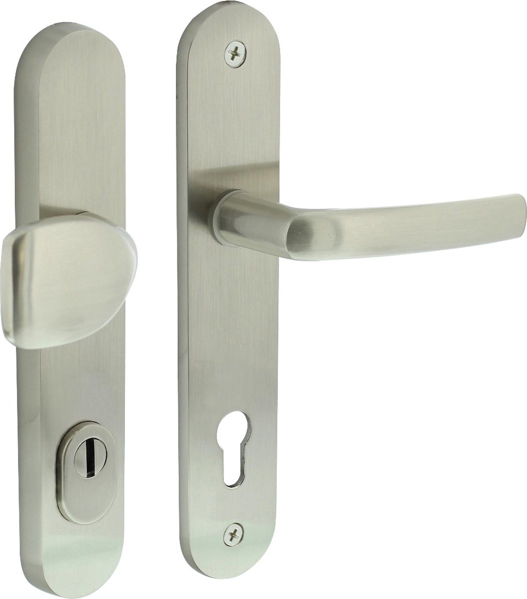 Intersteel Voordeurbeslag ovaal greep/kruk profielcilindergat 92 mm met kerntrekbeveiliging nikkel mat