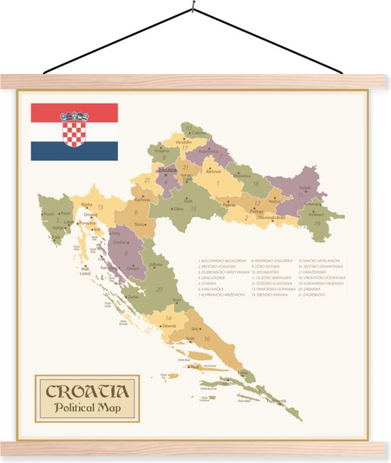 Posterhanger avec affiche - Affiche scolaire - Carte politique de la Croatie - 90x90 cm - Lattes vierges