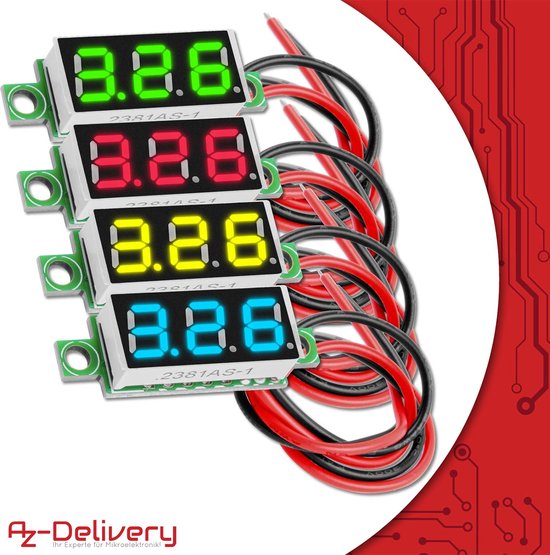 AZDelivery 0.28 Inch Mini Digitale Voltmeter met 7 Segmenten LED Display 2.5V - 30V, Voltage Display Voltage Meetmodule 4 Kleuren Display compatibel met Arduino Inclusief E-Book! 1