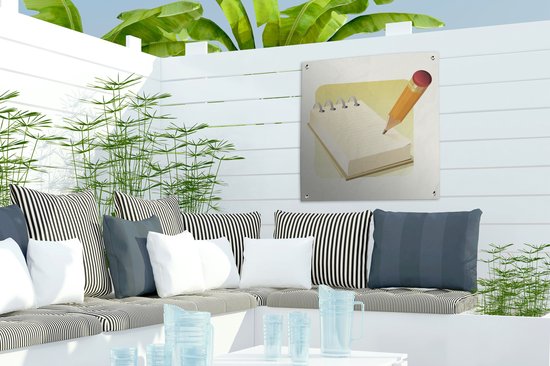 Une illustration d'un bloc-notes avec un crayon et une gomme à effacer affiche de jardin 50x50 cm - petit - Toile de jardin / Toile d'extérieur / Peintures pour l'extérieur (décoration de jardin)