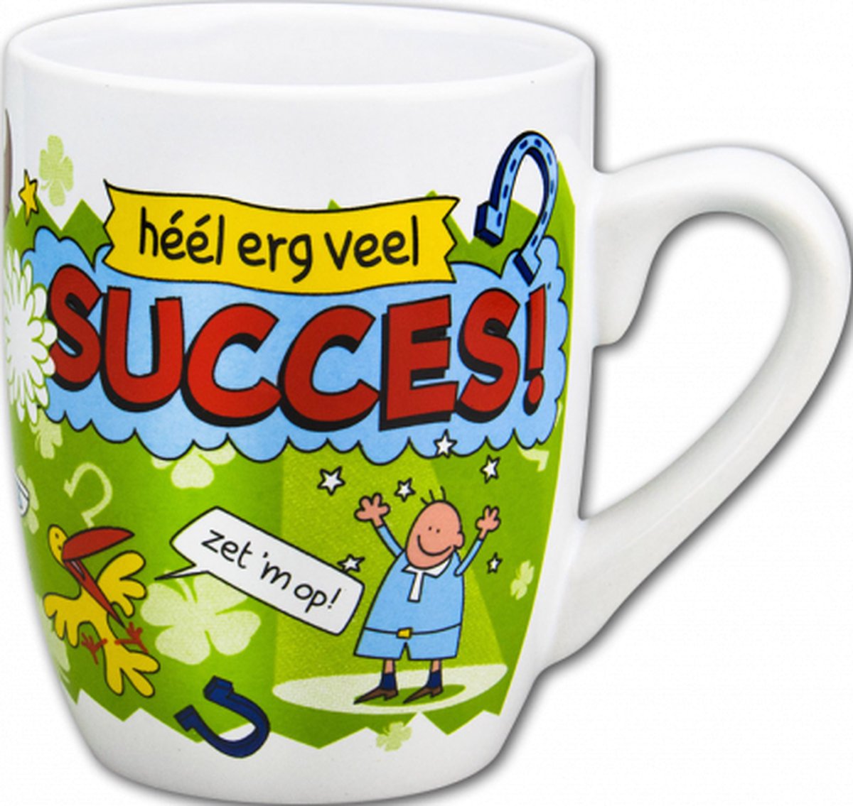 Mok - Cartoon Mok - Héél erg veel Succes - Gevuld met een snoepmix - In cadeauverpakking met gekleurd krullint