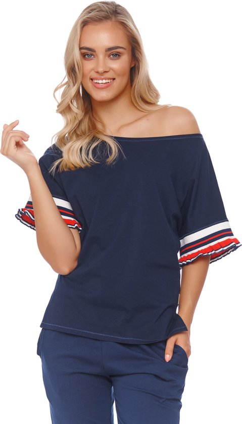 Doctor Nap Katoenen Pyjama met Frullen Dames Volwassenen Navy PM.4503 L