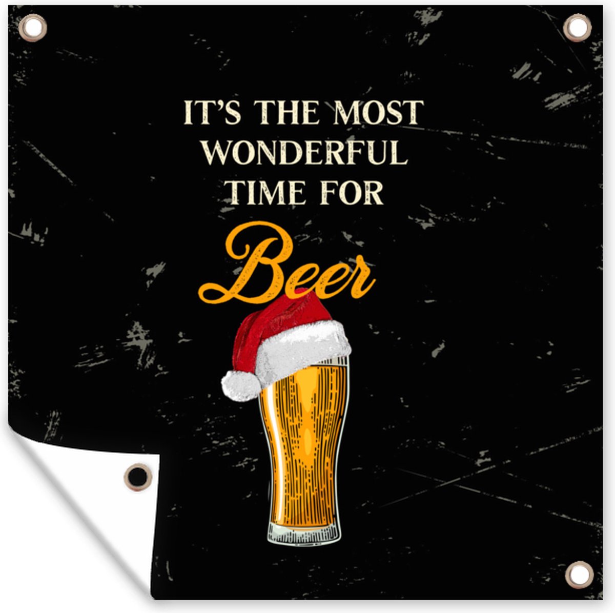 Moderne kerst tuindoek met bierthema en inspirerende quote "It's the most wonderful time for beer" - 100x100 cm.