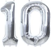 Folie Ballon Cijfer 10 Jaar Zilver Verjaardag Versiering Helium Cijfer Ballonnen Feest versiering Met Rietje - 86Cm