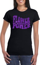 Toppers Zwart Flower Power t-shirt met paarse letters dames - Sixties/jaren 60 kleding L