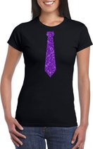 Toppers Zwart fun t-shirt stropdas met paarse glitters dames - Themafeest/feest kleding XL